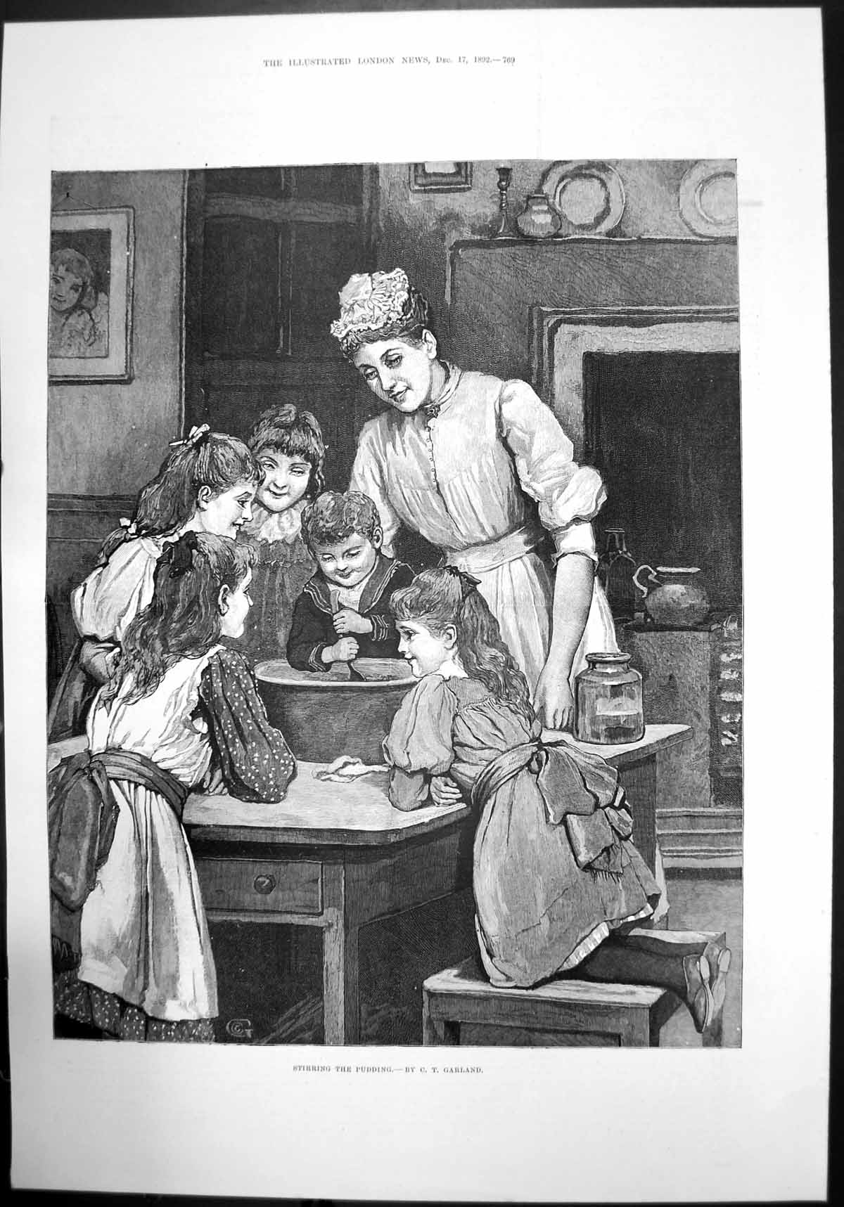 Old Print Stirring The Pudding By Ct Garland 1892 Children Woman Kitchen 19th