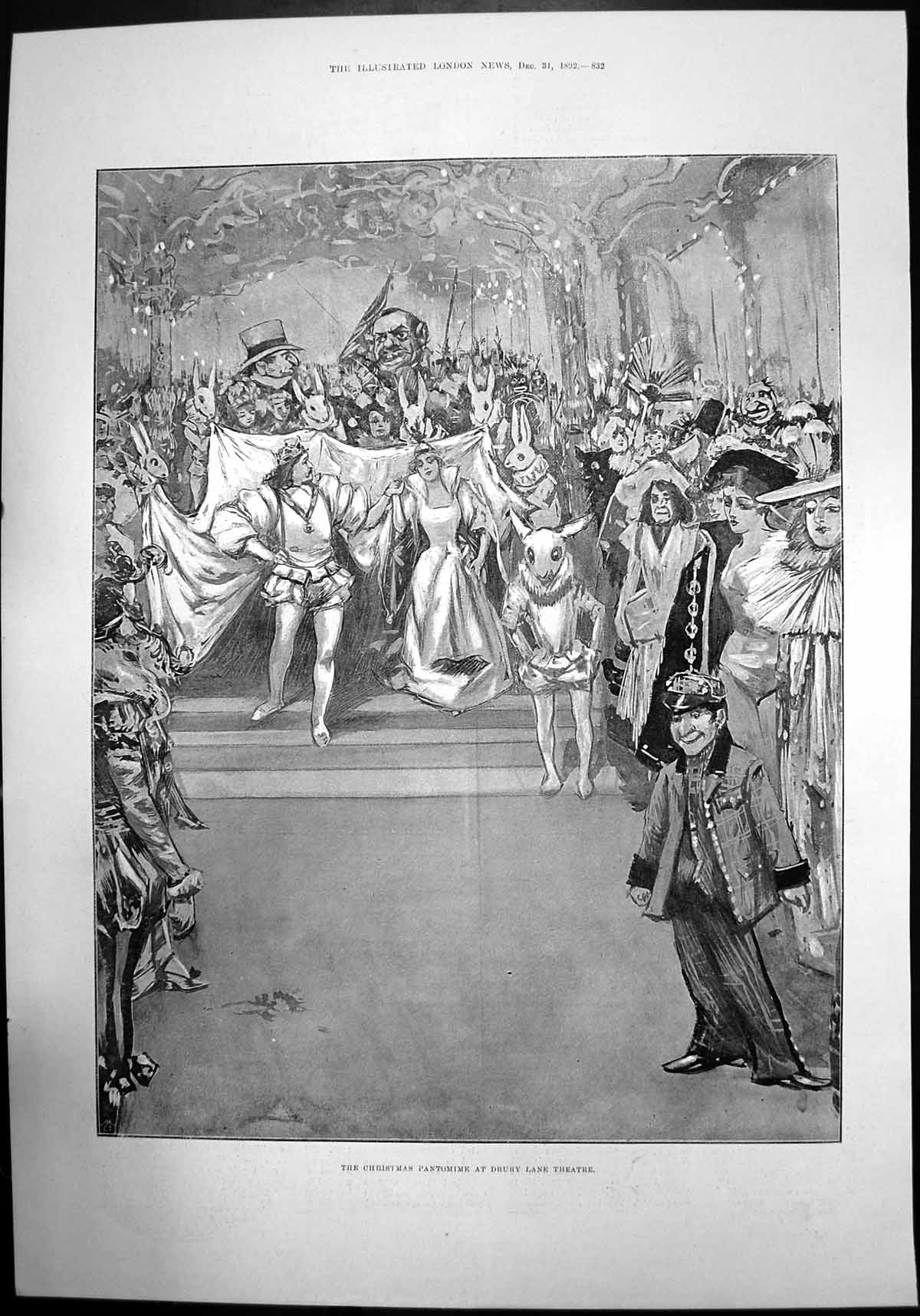 Original Old Antique Print The Christmas Pantomime At Drury Lane Theatre 1892