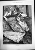 Original Old Antique Print Favourites Children Boy Girl Reading 1892 Victorian