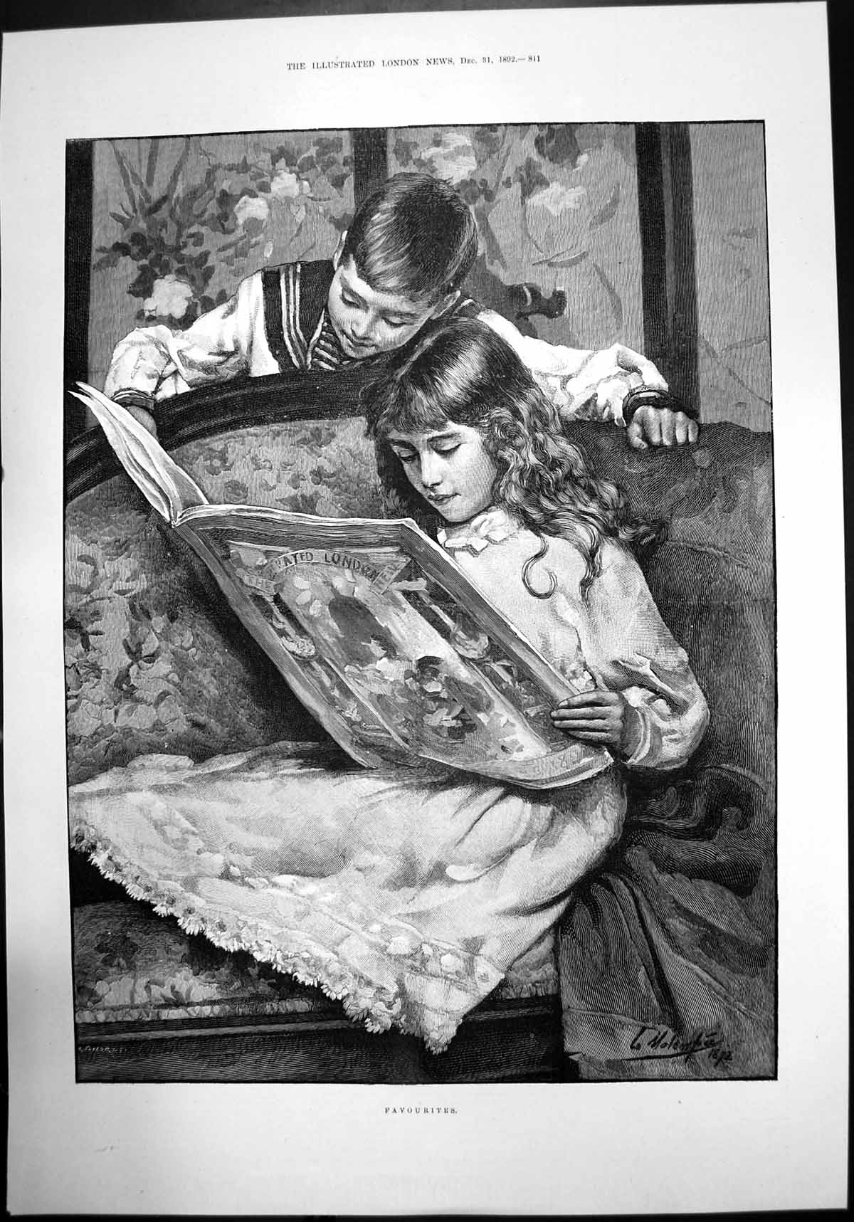 Original Old Antique Print Favourites Children Boy Girl Reading 1892 Victorian