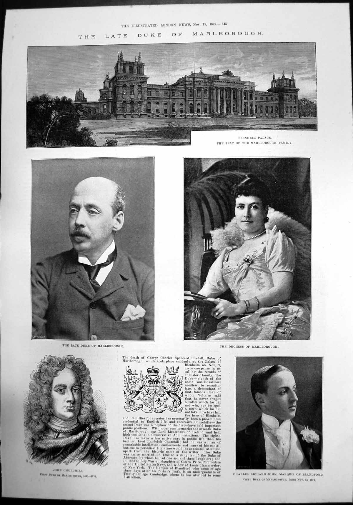 Antique Print Late Duke Marlborough Blenheim Palace Duchess Blandford 1892 19th
