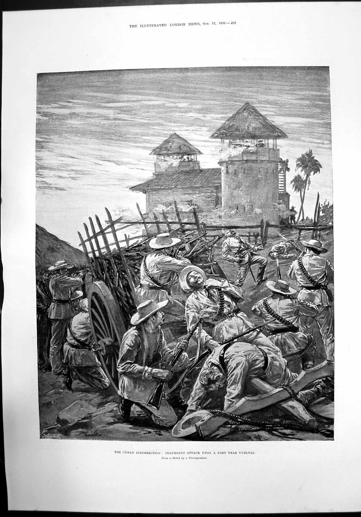 Antique Print Cuban Insurrection Insurgent Attack On Fort Near Vueltas 1895