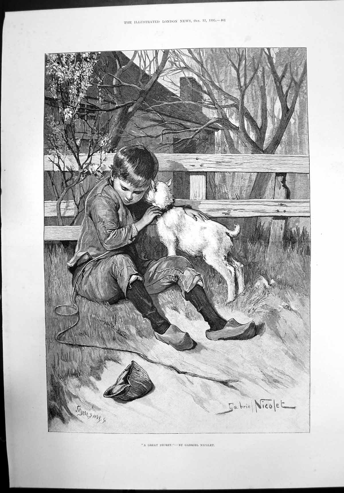 Antique Old Print A Great Secret Gabriel Nicolet Child Boy Dog Garden 1895 19th