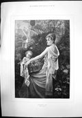Old Antique Print Mothers Joy By Rene San Varoni Child Woman Garden 1895 19th