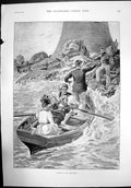 Old Antique Print Visitors To The Lighthouse Boat Waves Rocks Sailor 1895 19th