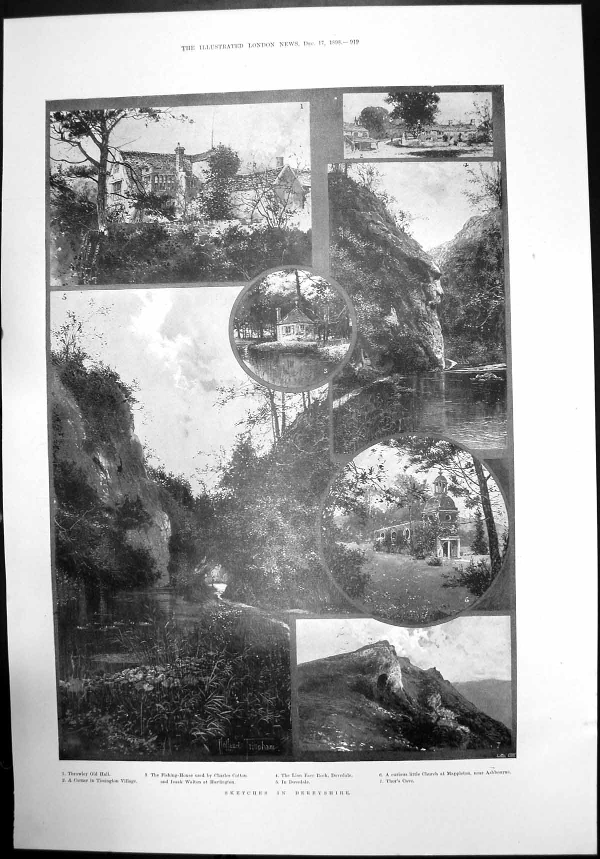 Old Print Derbyshire Throwley Dovedale Thors Cave Tissington Village 1898 19th