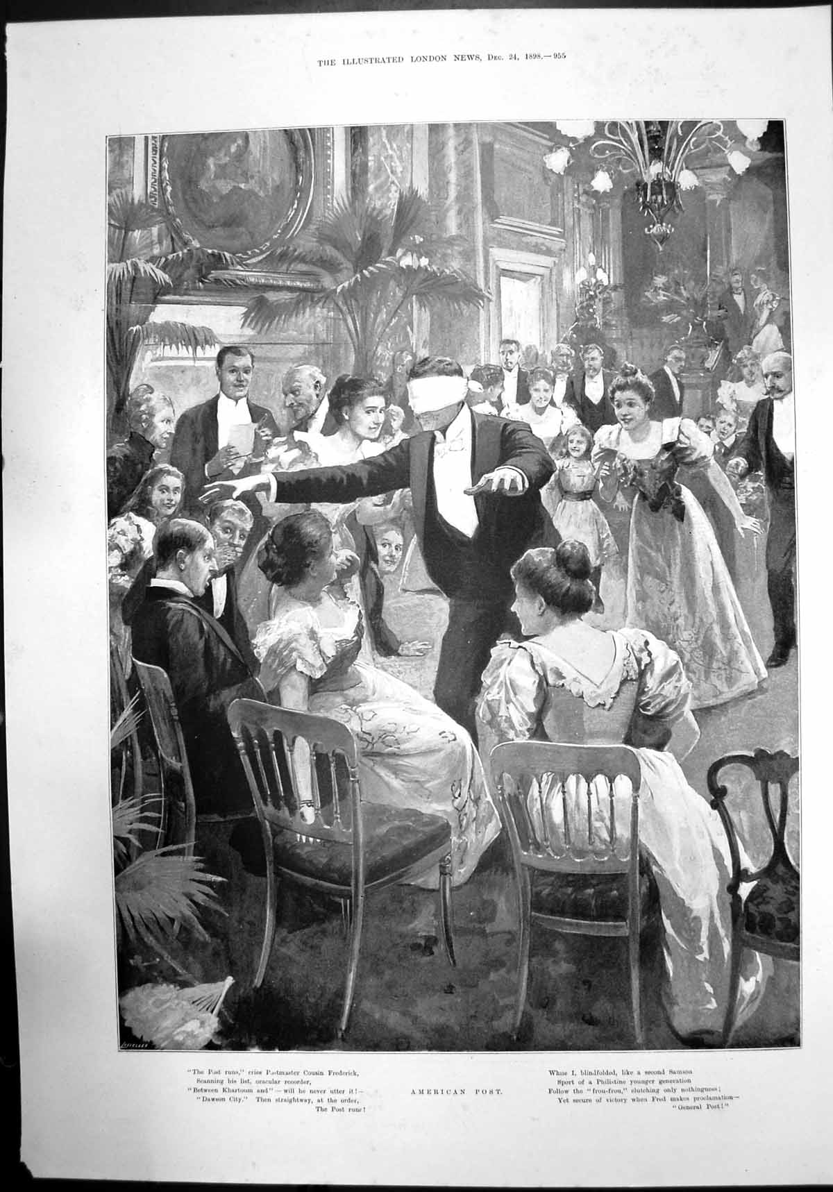 Antique Print American Post Postmaster Blindfed Party Philistine Women 1898