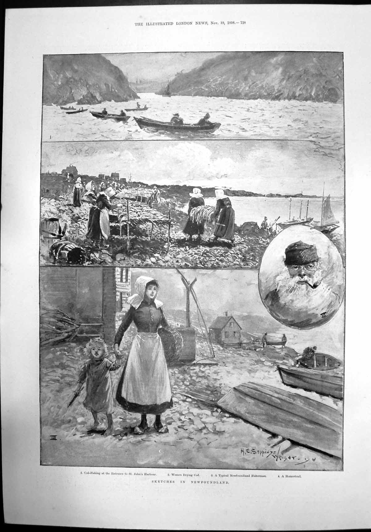 Old Sketches Newfoundland St Johns Harbour Cod Fishing Boat Sea 1898 Victorian