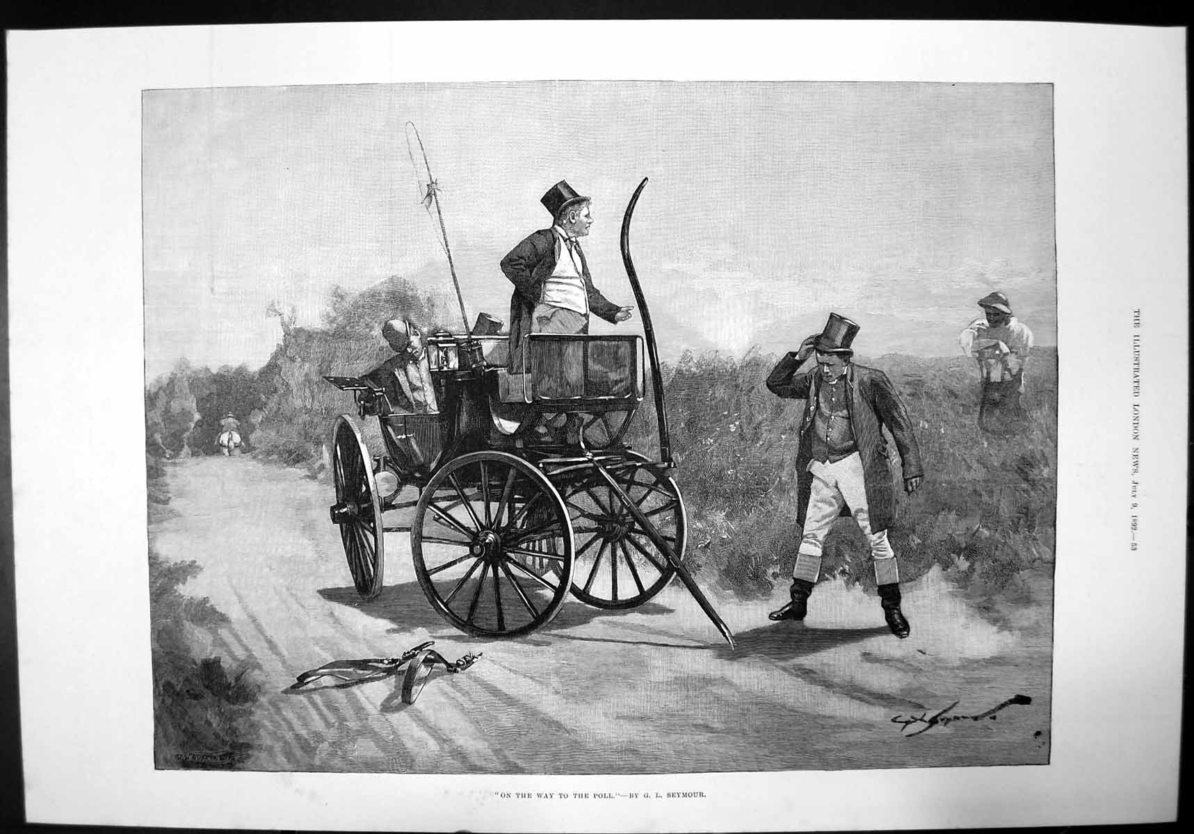 Antique Old Print On The Way To The Poll Gl Seymour Horse Carriage Road 1892