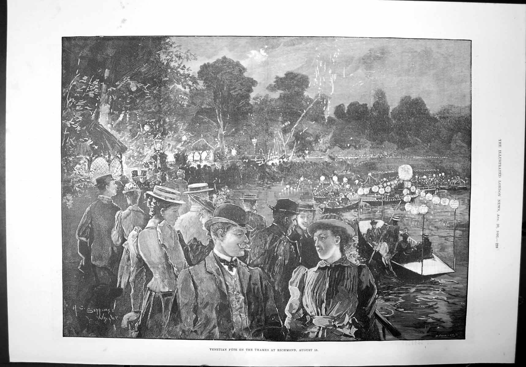 Old Print Venetian Fete On The Thames At Richmond London Boat Women 1892 19th