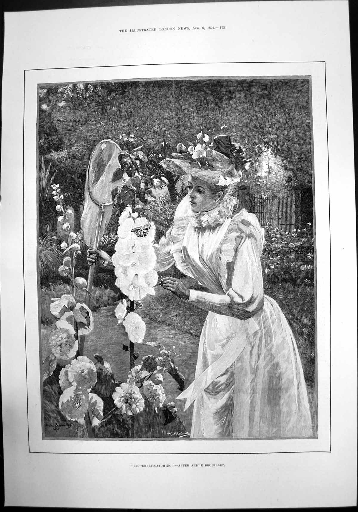 Old Print Butterfly Catching After Andre Brouillet Garden Woman Net 1892 19th