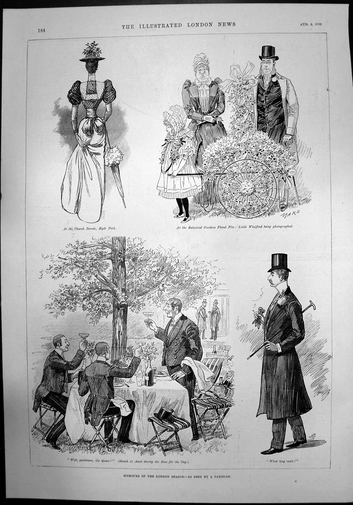 Antique Old Print Humours London Season Parisian Church Parade Hyde Park 1892