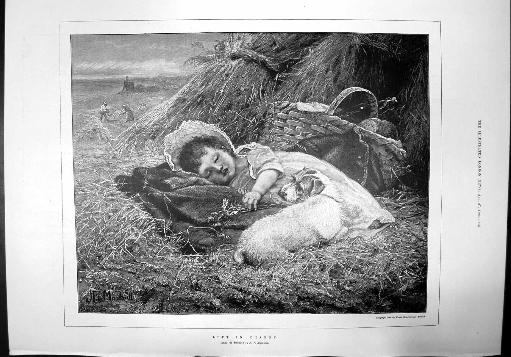 Antique Old Print Left In Charge Jf Marshall Child Dog Sleeping Farming 1898