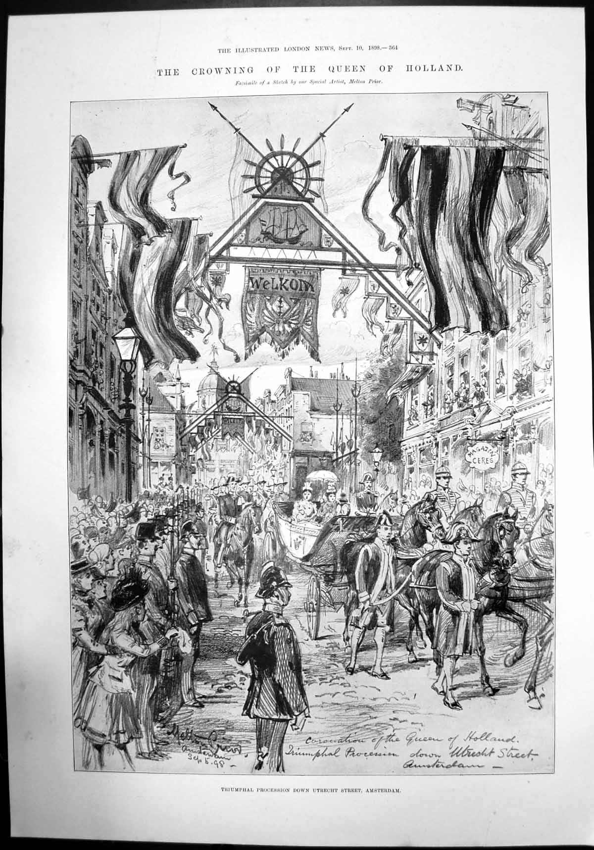 Old Print Crowning Queen Holland Procession Utrecht Street Amsterdam 1898 19th