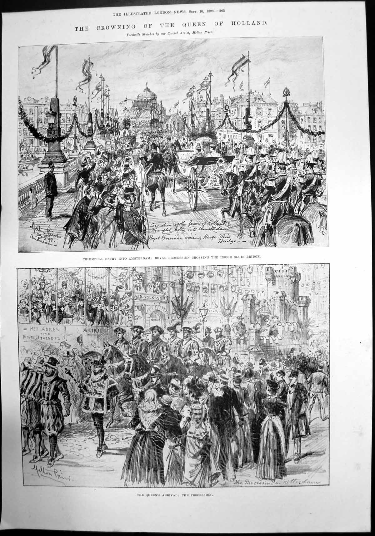 Antique Old Print Crowning Queen Holland Hooge Sluis Bridge Procession 1898