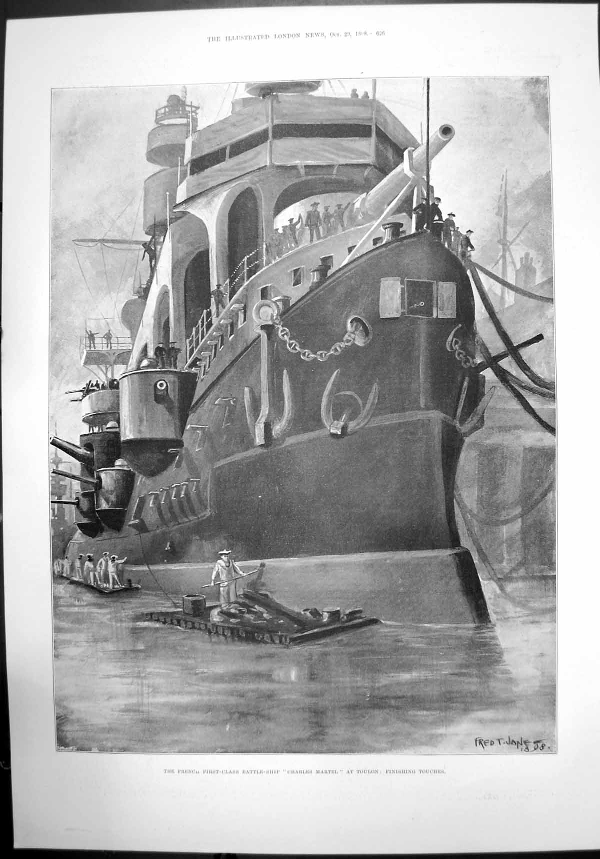 Old French First Class Battleship Charles Martel Toulon Painting 1898 Victorian