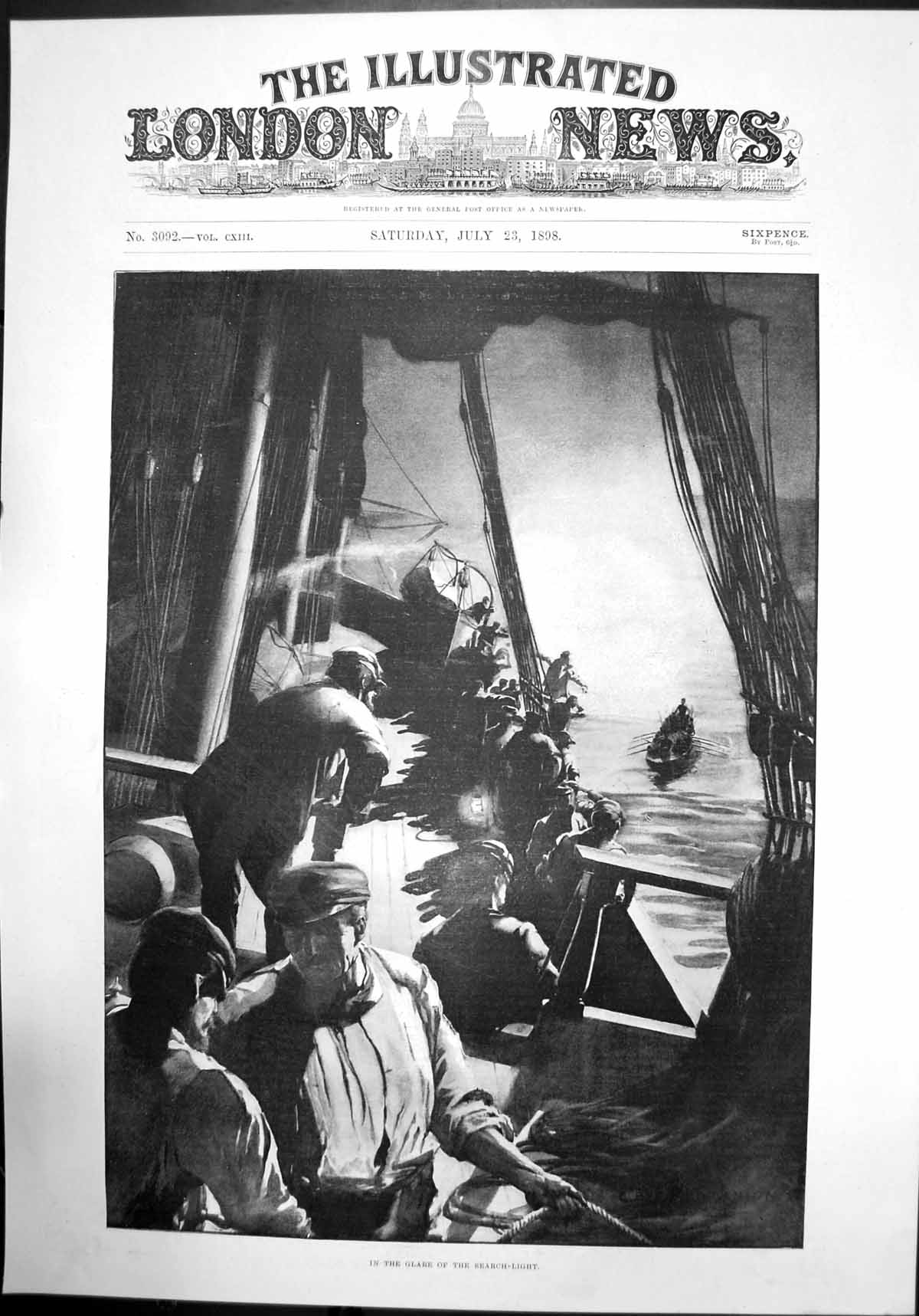 Antique Old Print In The Glare The Searchlight Boats Fishermen At Sea 1898 19th