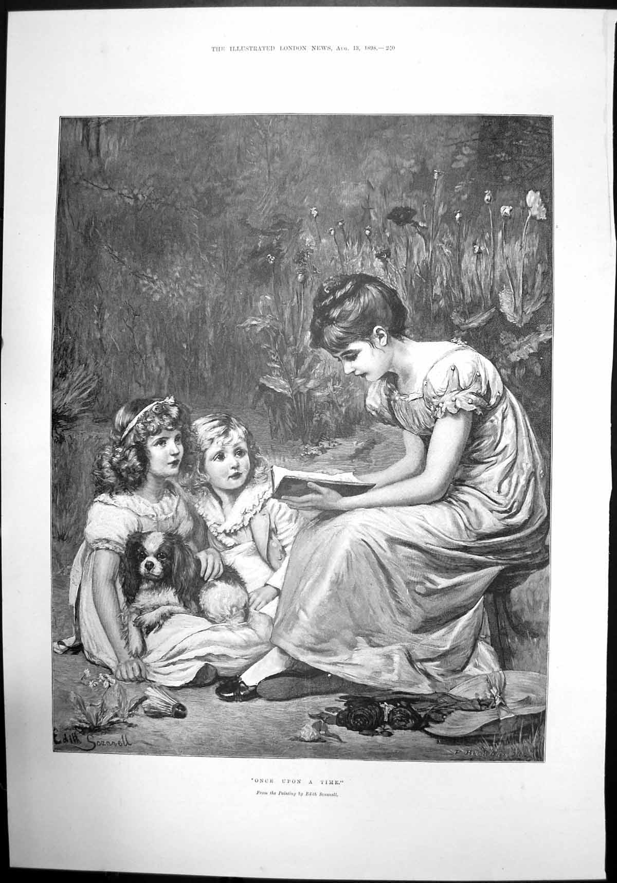 Old Once Upon A Time Edith Scannell Children Reading Dog Garden 1898 Victorian