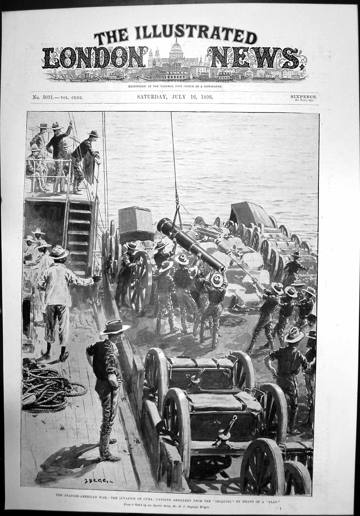 Old Print Spanish American War Invasion Cuba Artillery Iroquois Flat 1898 19th