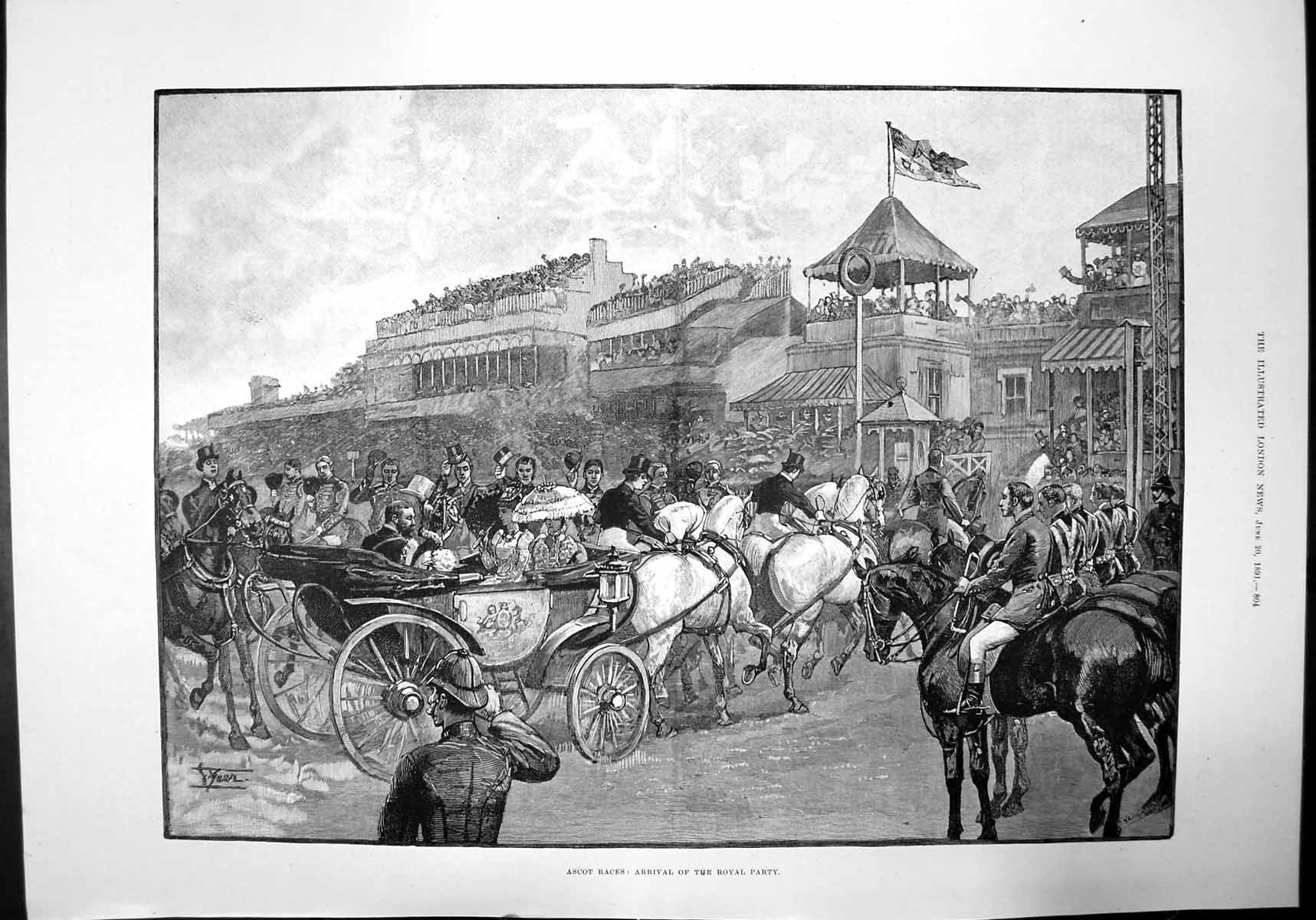 Antique Old Print Ascot Races Arrival Royal Party Horseracing King Queen 1891