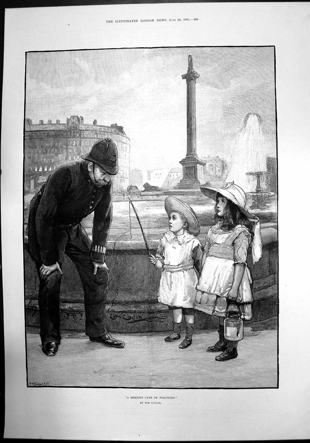 Old Print Serious Case Poaching Children Policeman Trafalgar Square 1891 19th