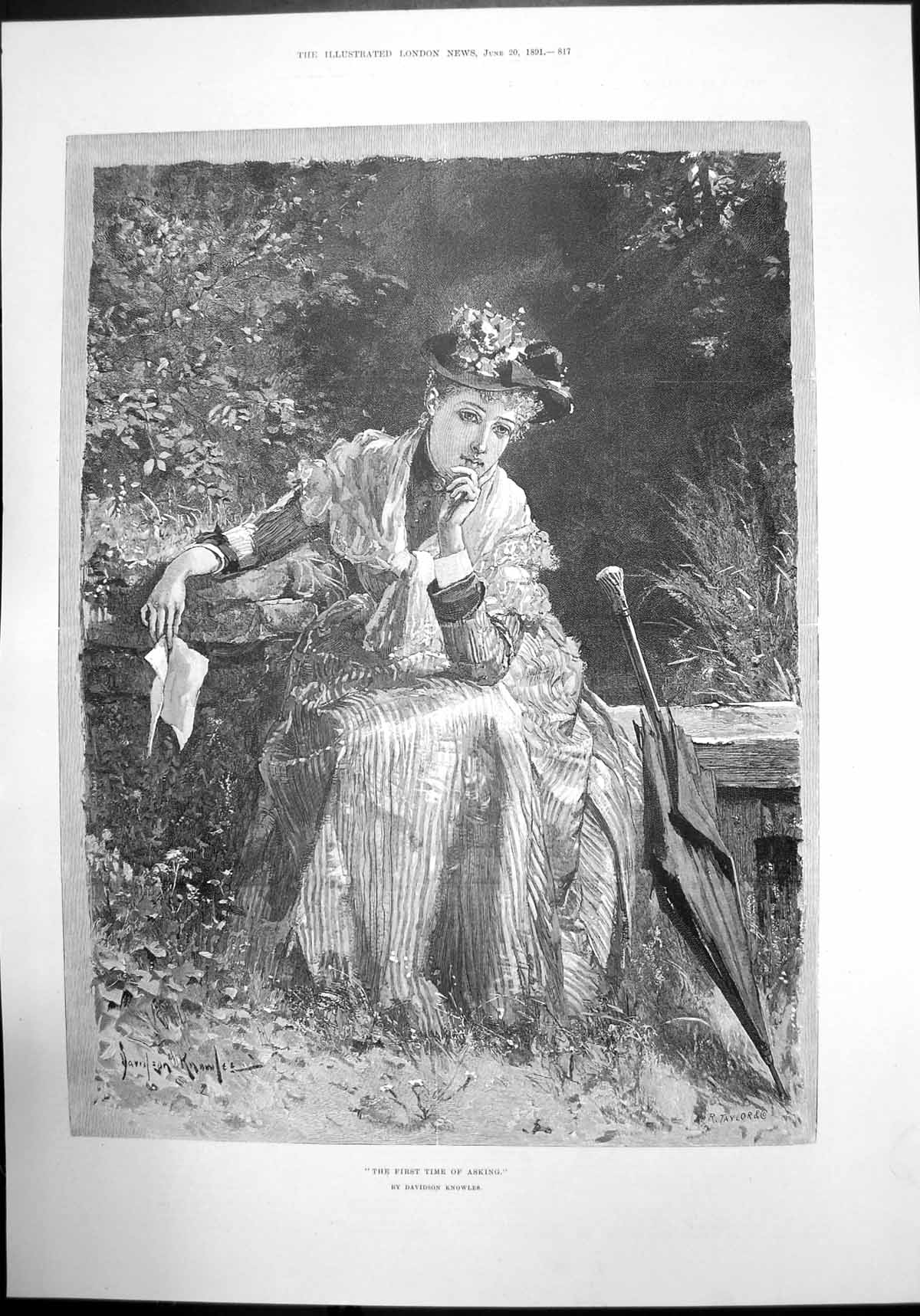 Antique Old Print The First Time Asking By Davidson Knowles Woman Garden 1891