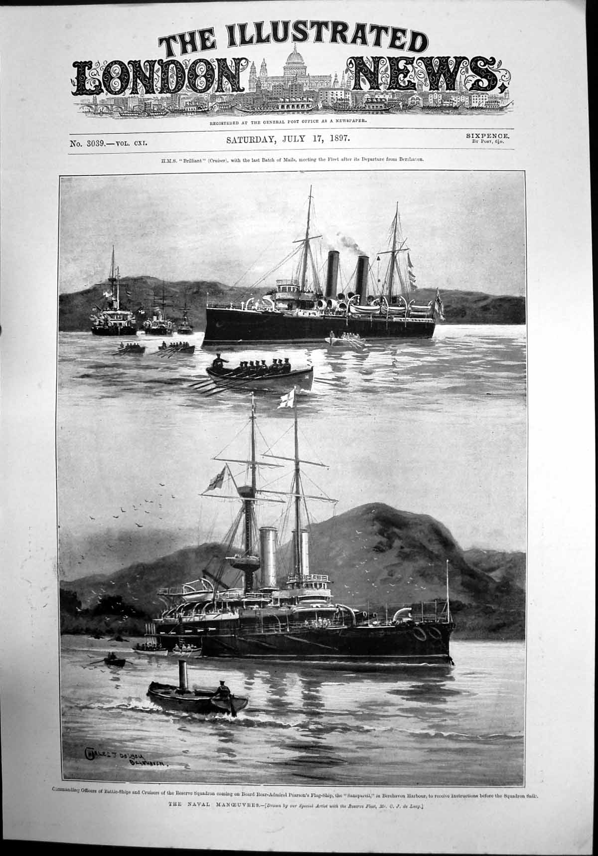 Old Print The Naval Manoeuvres Sanspareil Berehaven Harbour Pearson 1897 19th