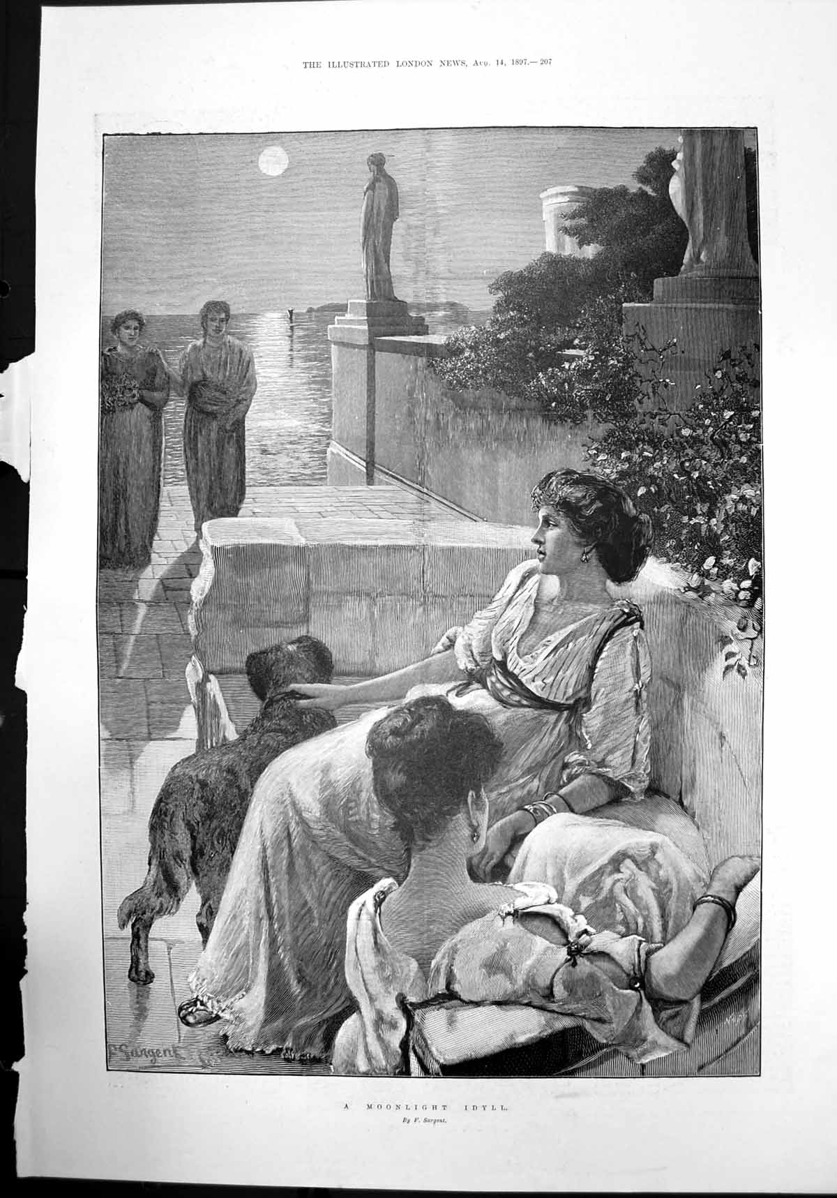Old Print A Moonlight Idyll By F Sargent Woman Bay Dog Night Sketch 1897 19th