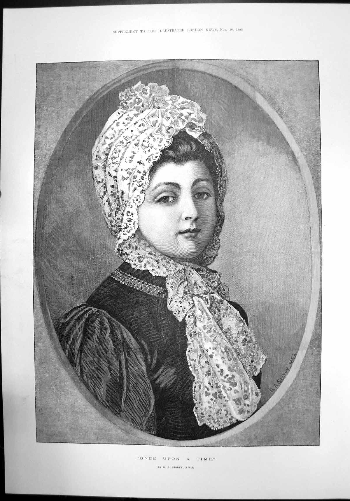 Antique Old Print Once Upon A Time By Ga Storey Portrait Woman Headscarf 1895