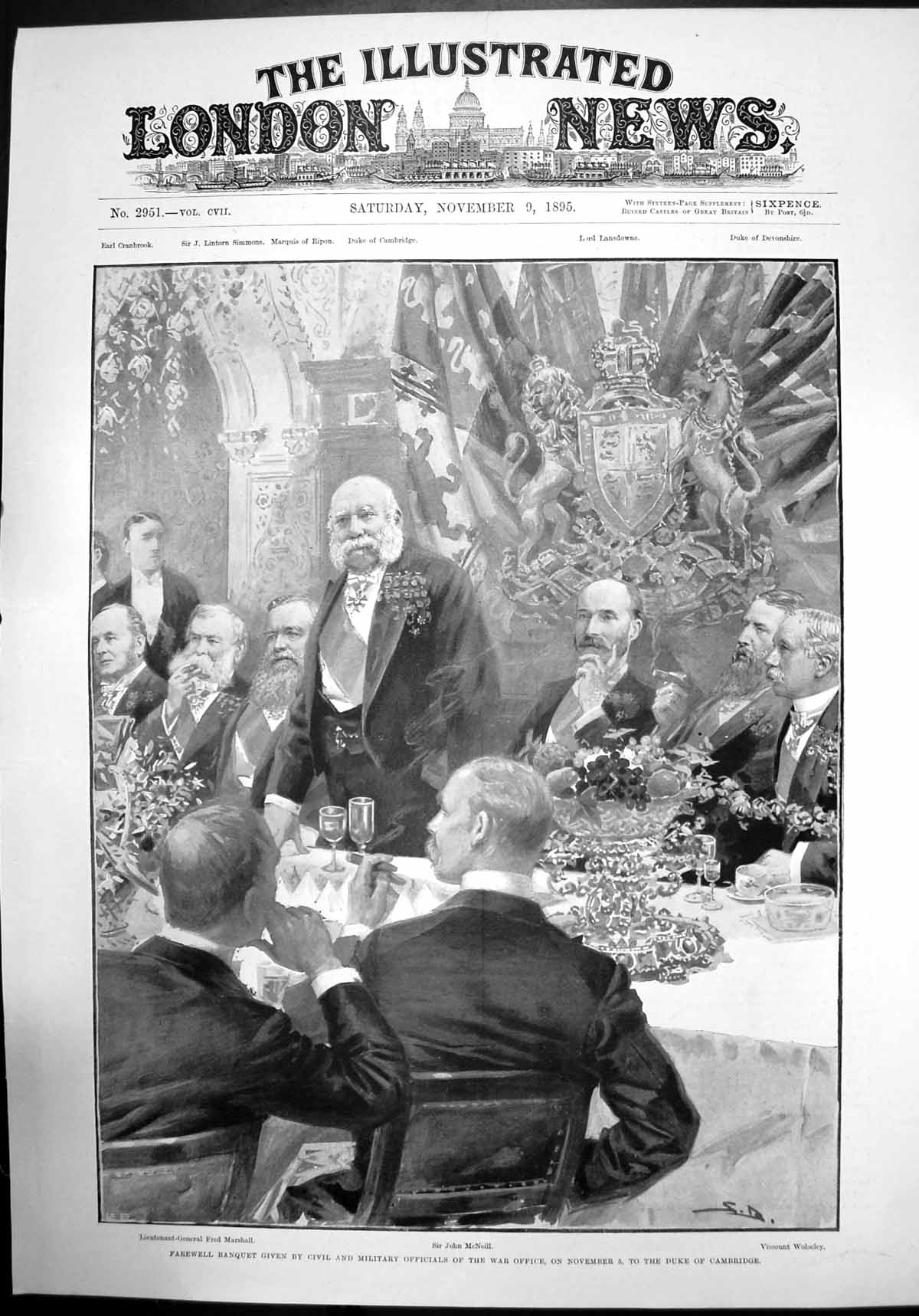 Antique Old Print Farewell Banquet War Office Duke Cambridge Officials 1895