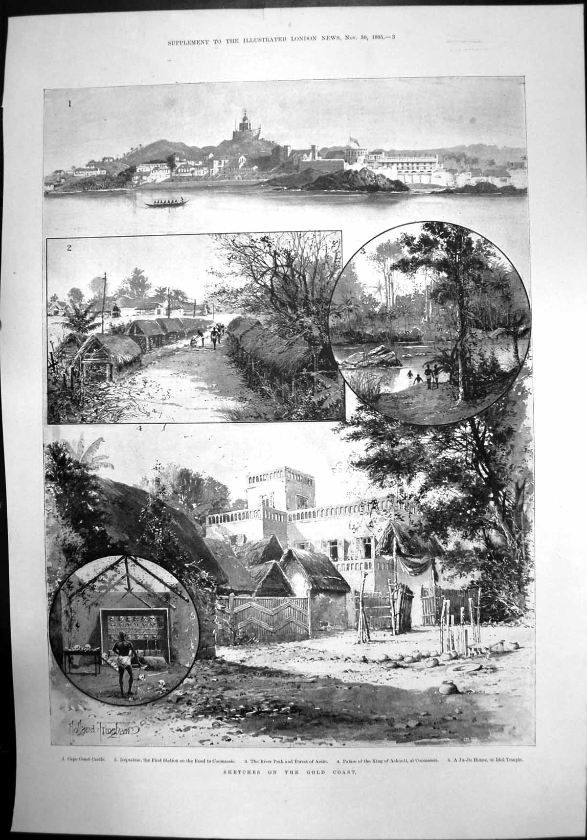 Old Antique Print GCoast Cape Castle Prah Inquabim Coomassie Ashanti 1895 19th