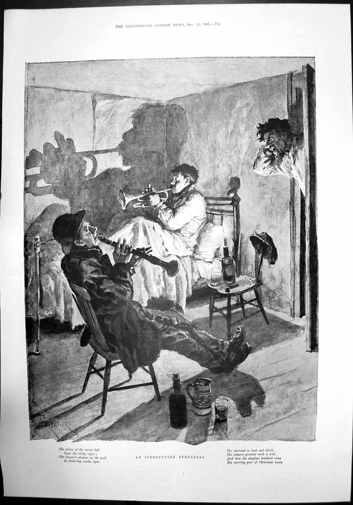 Old An Interrupted Rehearsal Men Musical Instruments Horn Flute 1895 Victorian