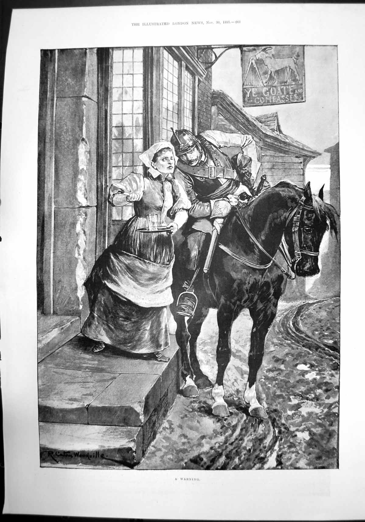 Antique Old Print A Warning Ye Goate And Compasses Bar Woman Horseback 1895