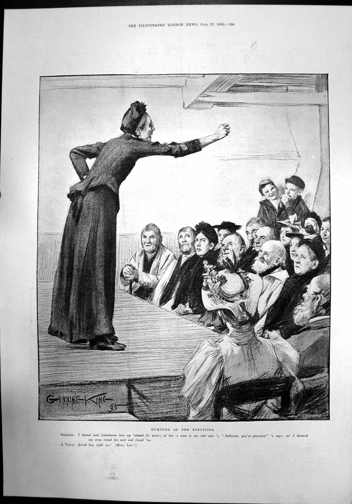 Antique Old Print Humours The Elections Speaker Audience Stage Men Women 1895