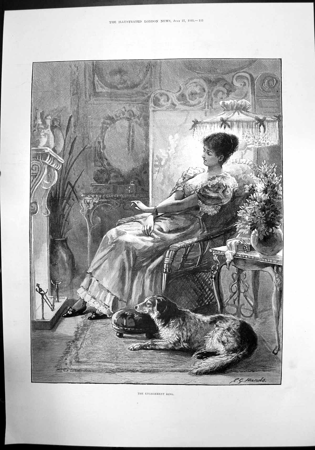 Antique Old Print The Engagement Ring Sketch Woman Dog House Fireplace 1895