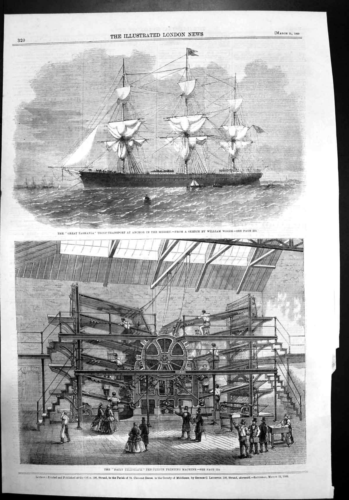 Antique Old Print Great Tasmania Troop Transport Mersey Daily Telegraph 1860