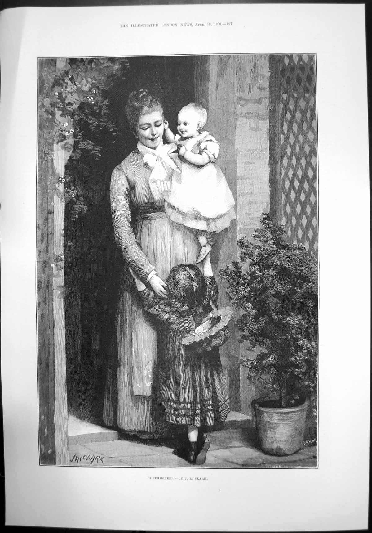 Antique Print Dethroned By Ja Clarke Woman Child Baby Sketch Doorstep 1890 19th