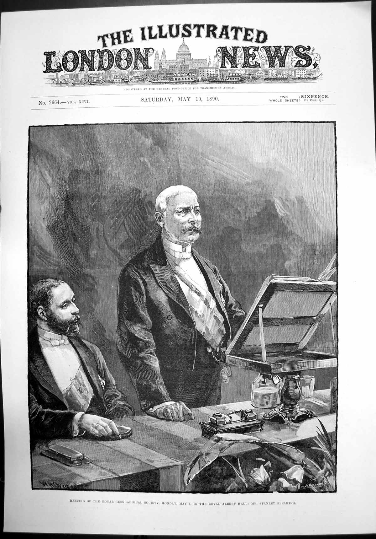 Old Print Meeting Royal Geographical Society Albert Hall Sir Stanley 1890 19th