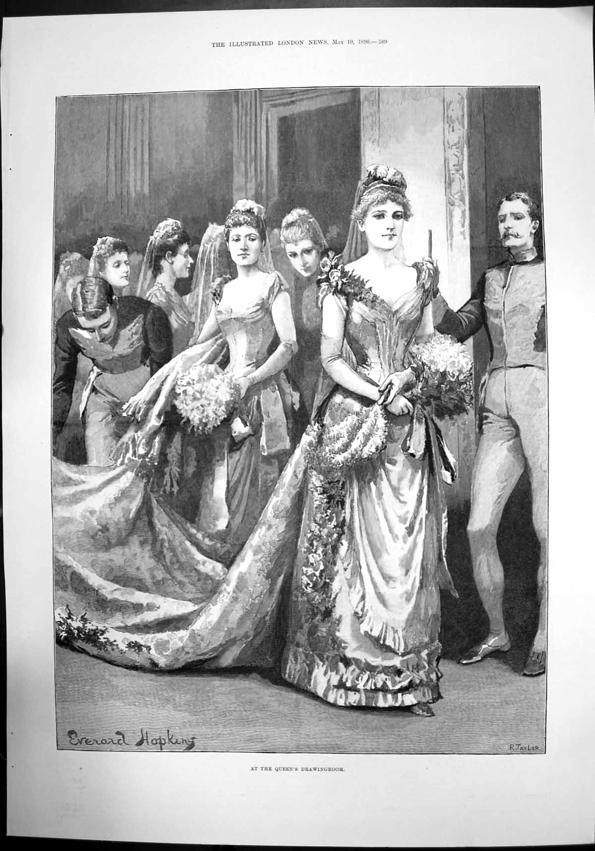 Old Antique Print At The Queens Drawingroom Woman Sketch Dress Gown 1890 19th