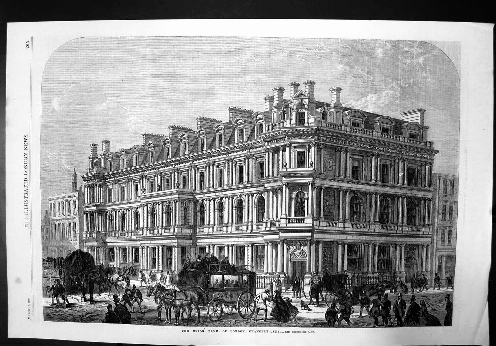 Old Print The Union Bank London Chancery Lane Sketch Horse Carriage 1866 19th