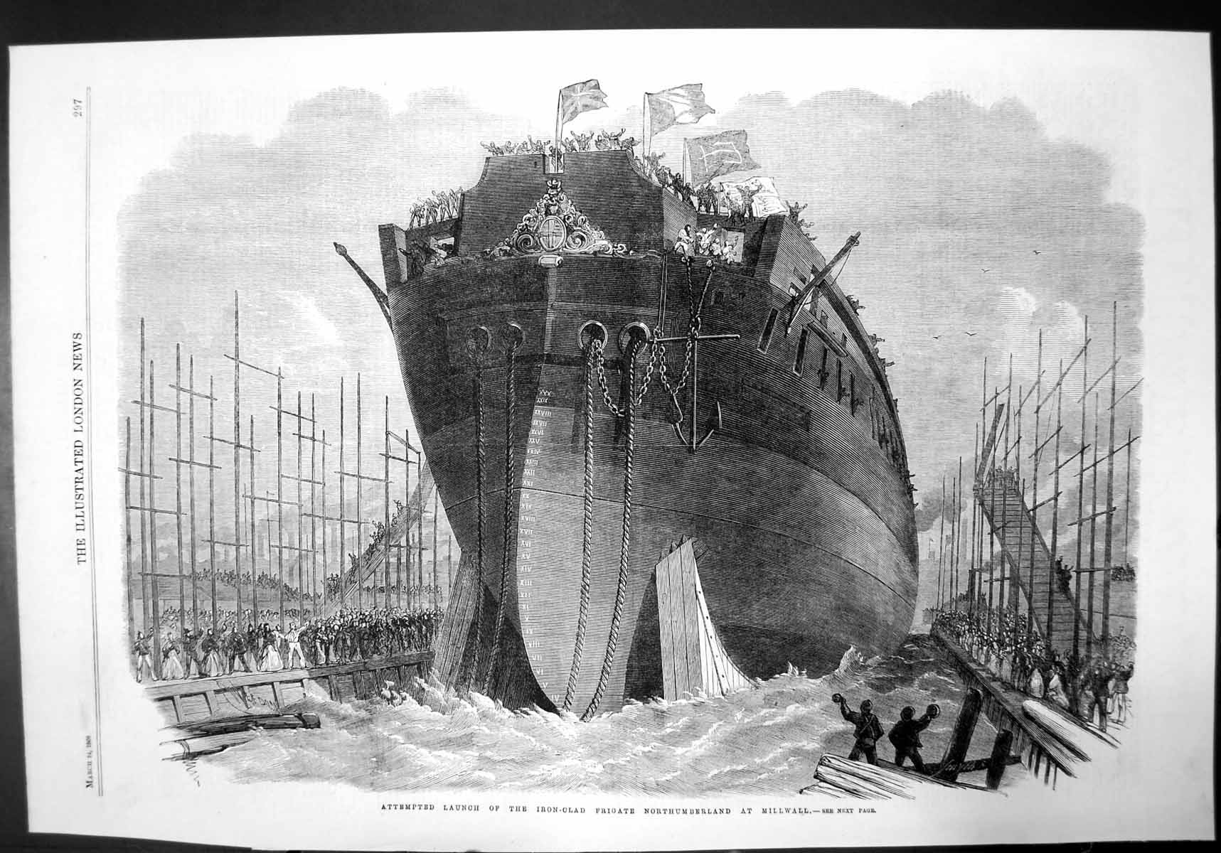 Old Print Attempted Launch Iron Clad Frigate Northumberland Millwall 1866 19th