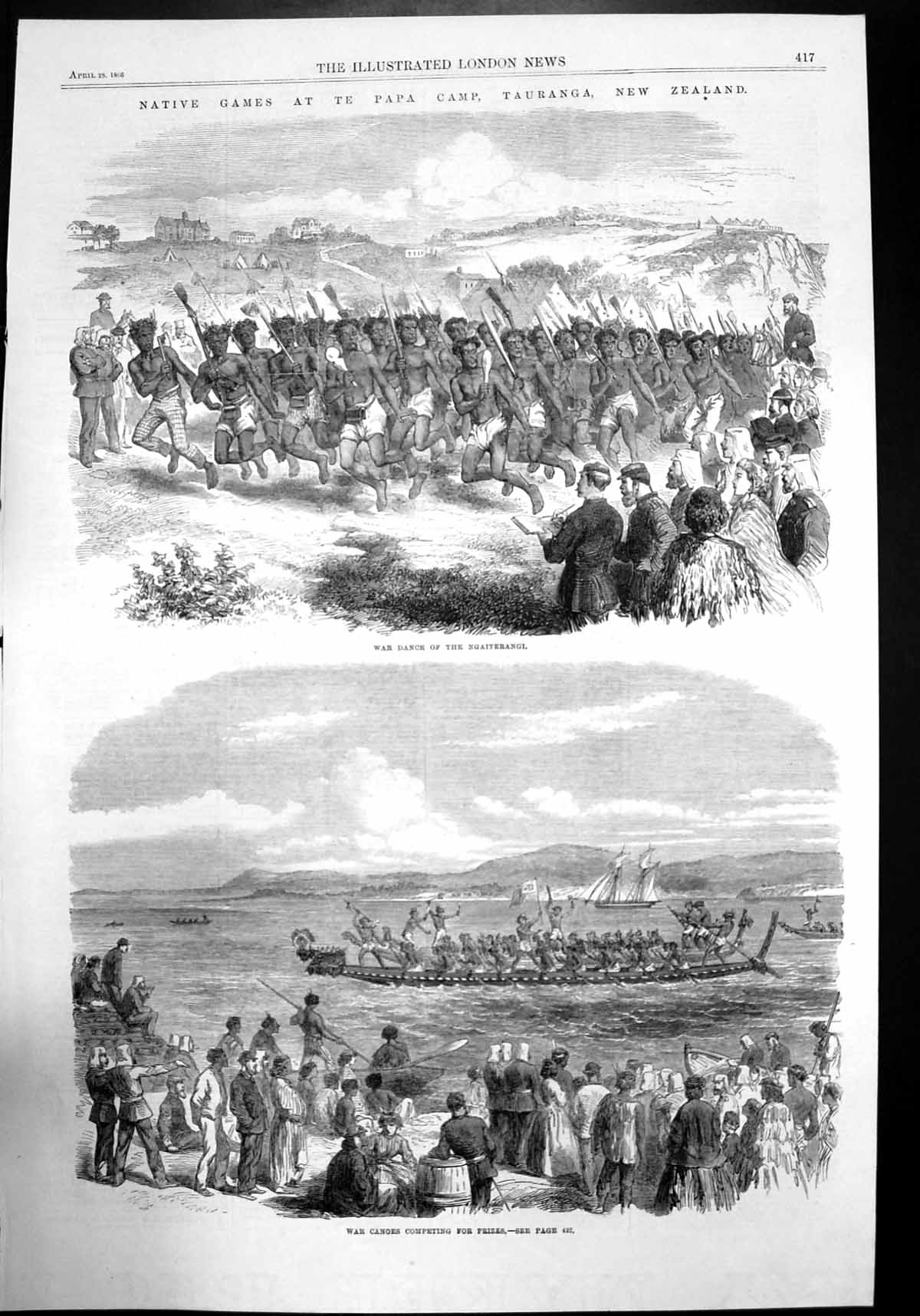 Antique Print Native Games Te Papa Camp Tauranga New Zealand War Dance 1866