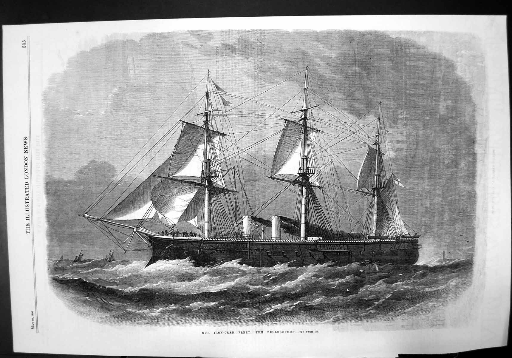 Old Print Our Iron Clad Fleet The Bellerophon Ship Sea Vessel Waves 1866 19th