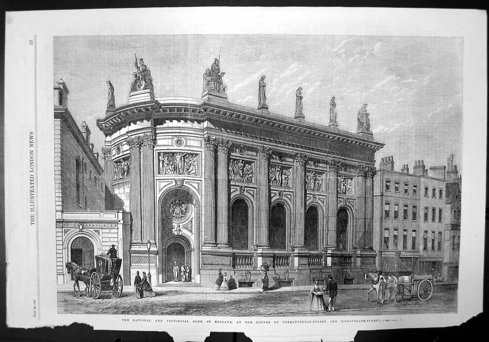 Old Print National Provincial Bank England Threadneedle Bishopsgate 1866 19th