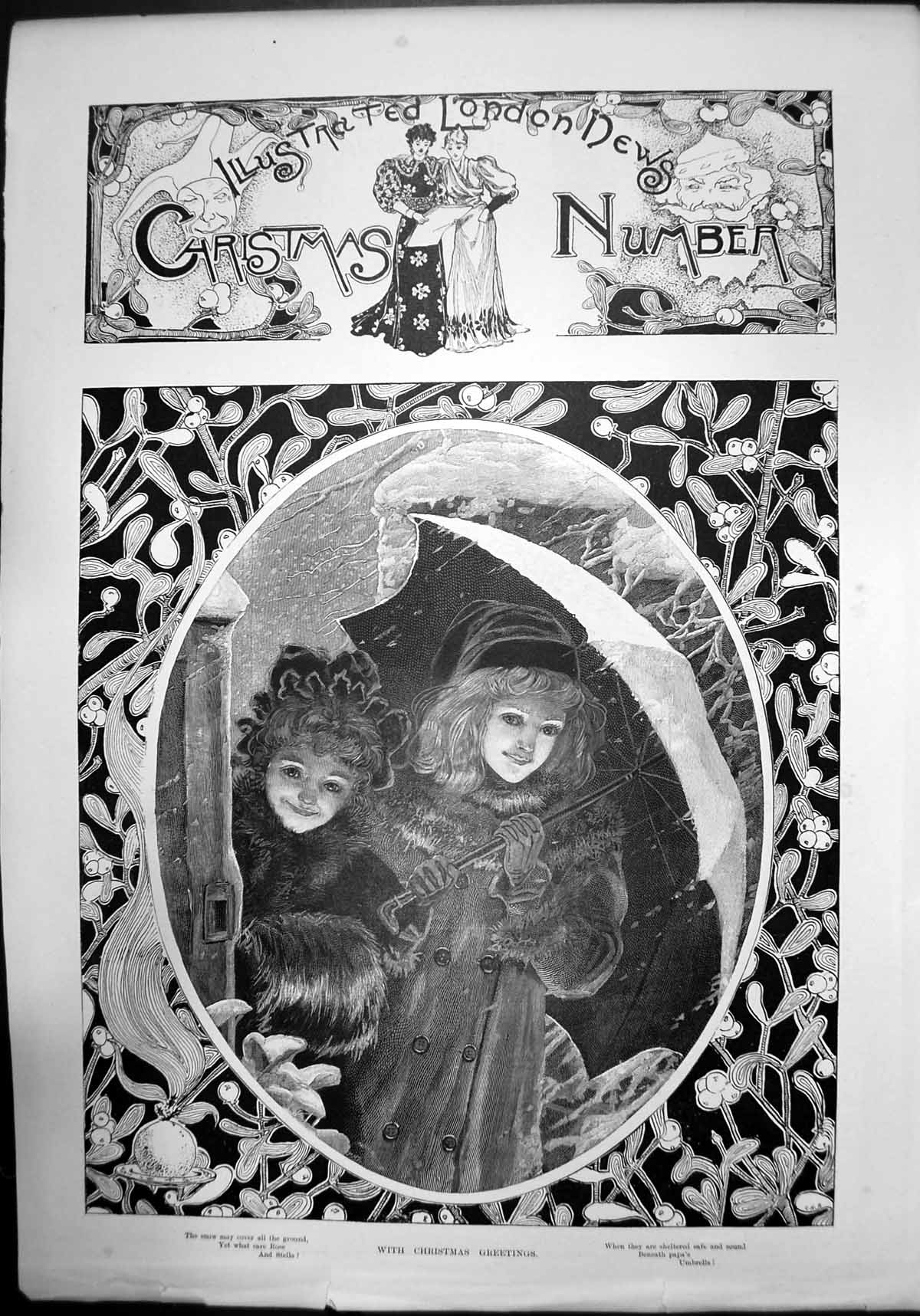 Antique Old Print With Christmas Greetings Children Winter Snow Umbrella 1895