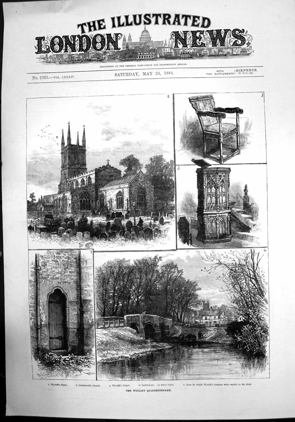 Old Print The Wycliff Quincentenary Lutterworth Church Chair Pulpit 1884 19th