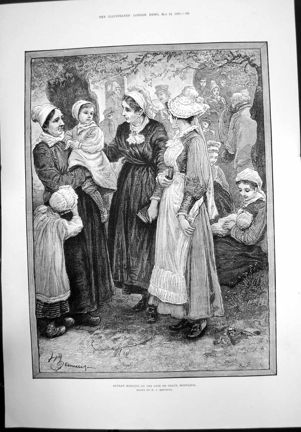 Antique Print Sunday Morning On The Cote De Grace Honfleur By Hennessy 1884