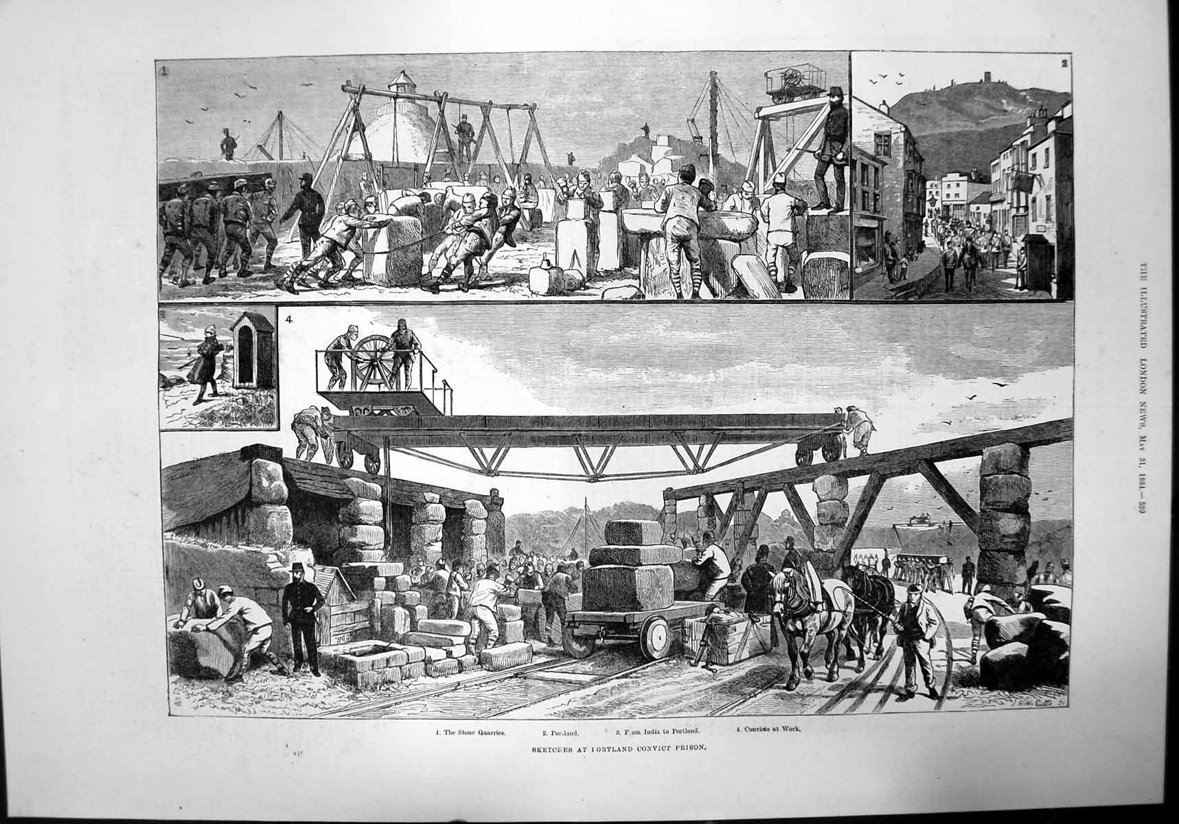 Old Print Sketchs Portland Convict Prison Work Stone Quarries India 1884 19th