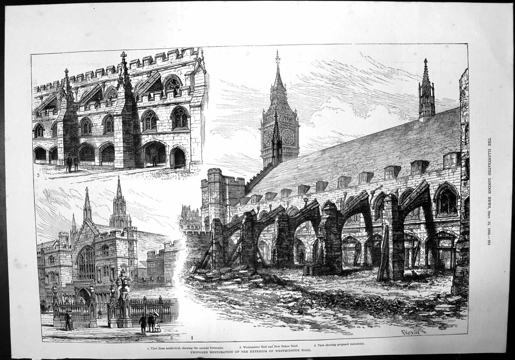 Old Antique Print Proposed Restoration The Exterior Westminster Hall 1884 19th