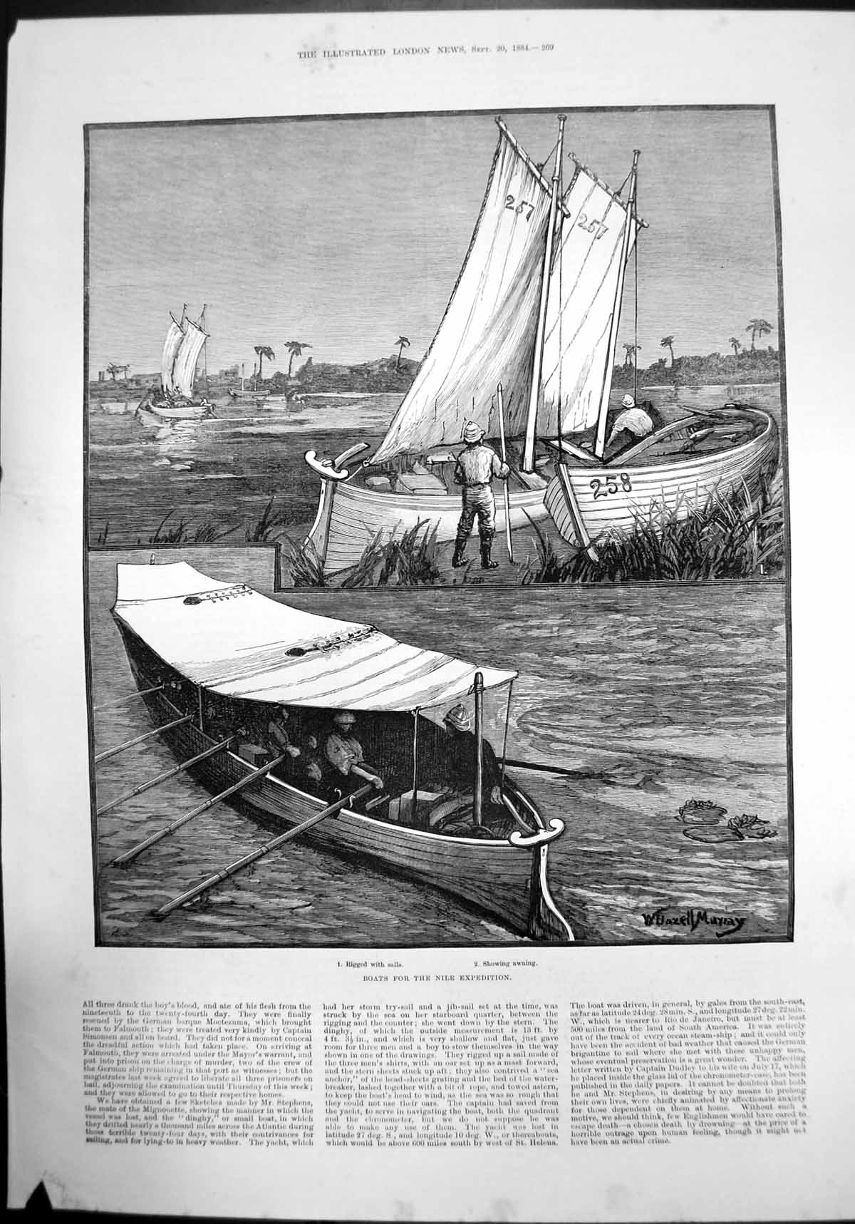 Old Print Boats For Nile Expedition Rigged With Sails Showing Awning 1884 19th